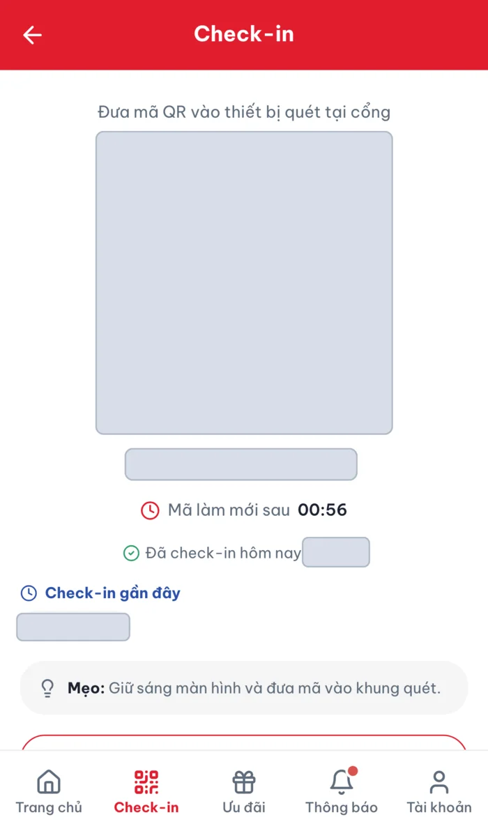 Màn hình check-in thành công sau khi gia hạn gói tập