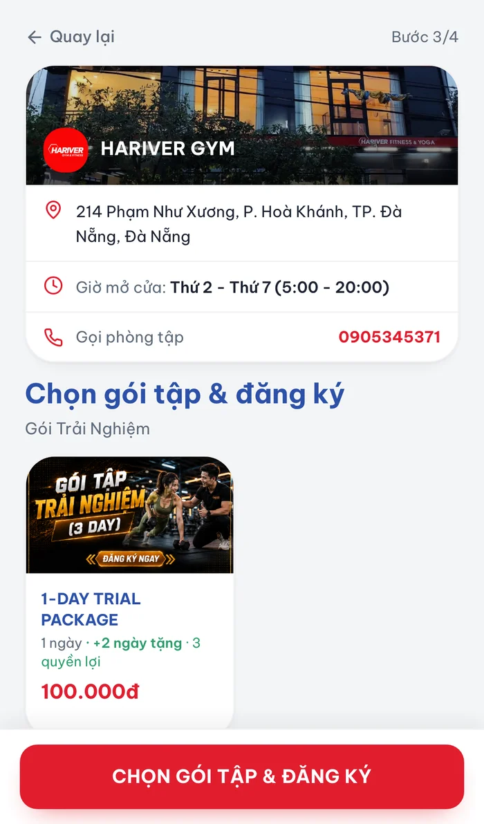 Trang thông tin phòng tập kèm danh sách gói tập cụ thể trong nhóm đã chọn