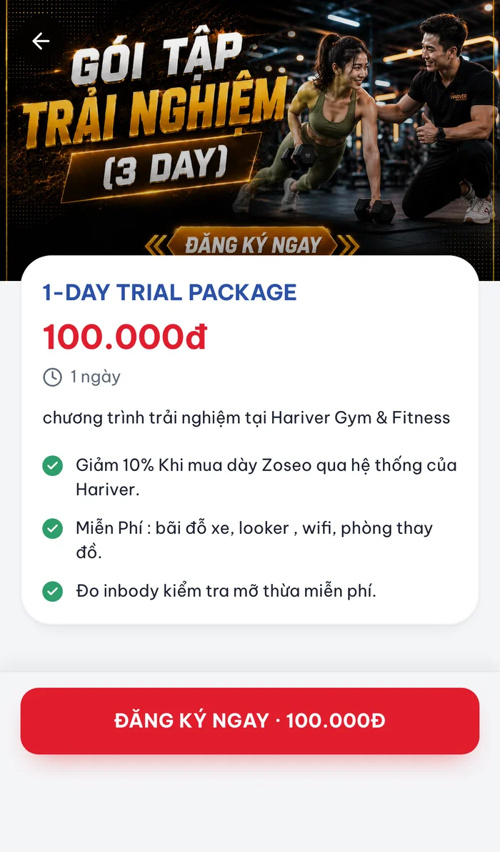 Màn hình chi tiết gói tập kèm mô tả và quyền lợi cụ thể trước khi đăng ký