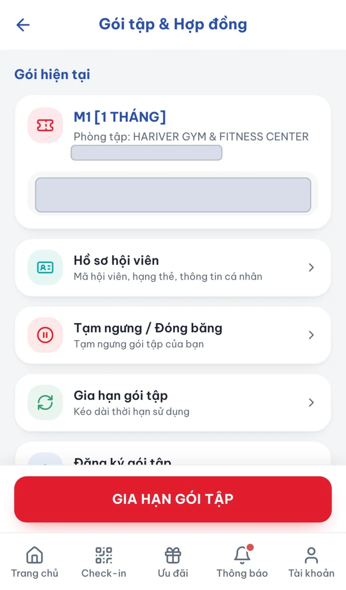 Trang Gói tập và Hợp đồng với nút Gia hạn gói tập