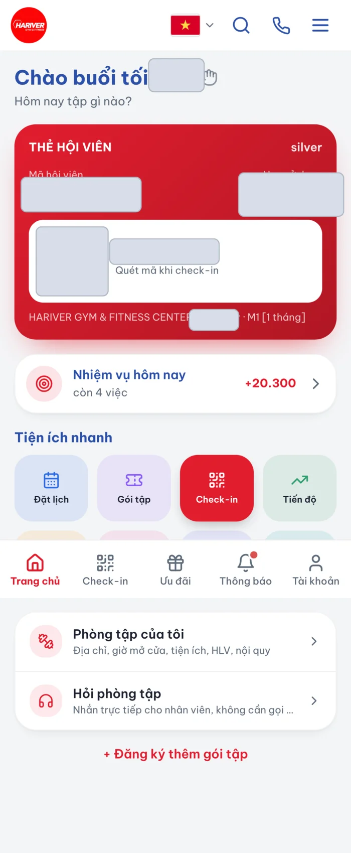 Trang chủ app hội viên hiện thẻ hội viên và gói đang dùng