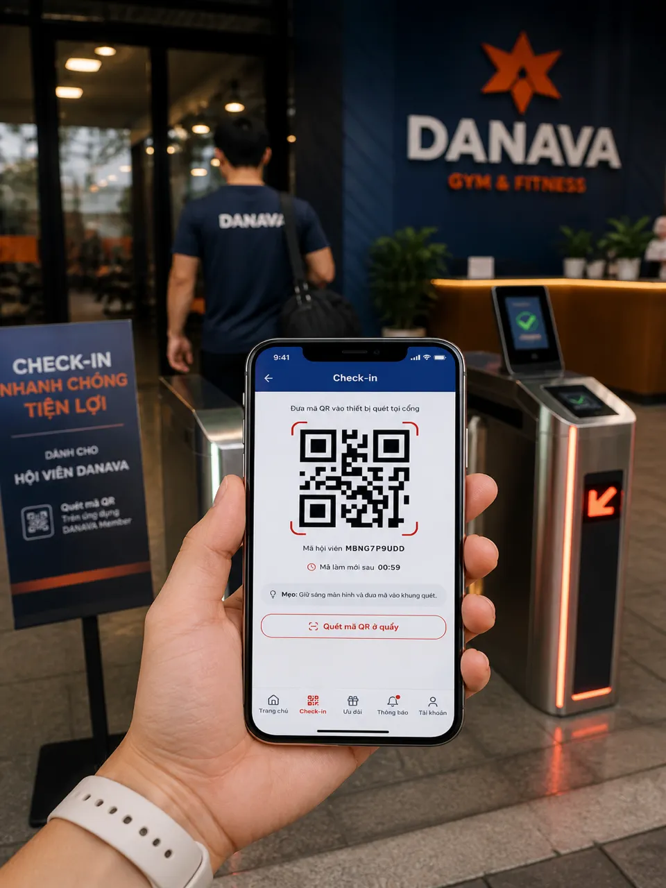 Check-in QR trên app — cần kết nối để xác thực realtime