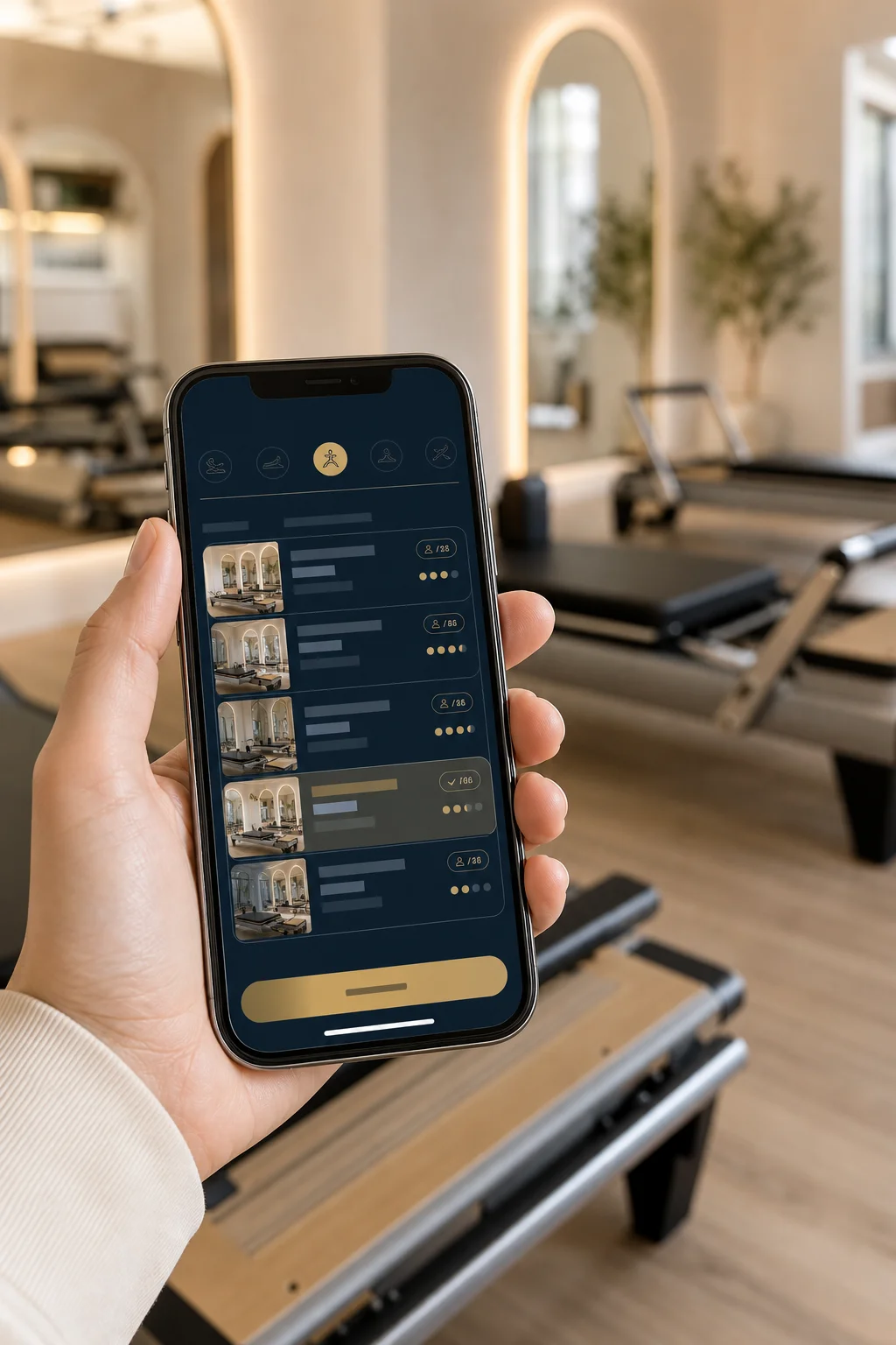 Học viên đặt lớp pilates trên app — chỗ reformer chỉ bán được khi capacity và lịch rõ