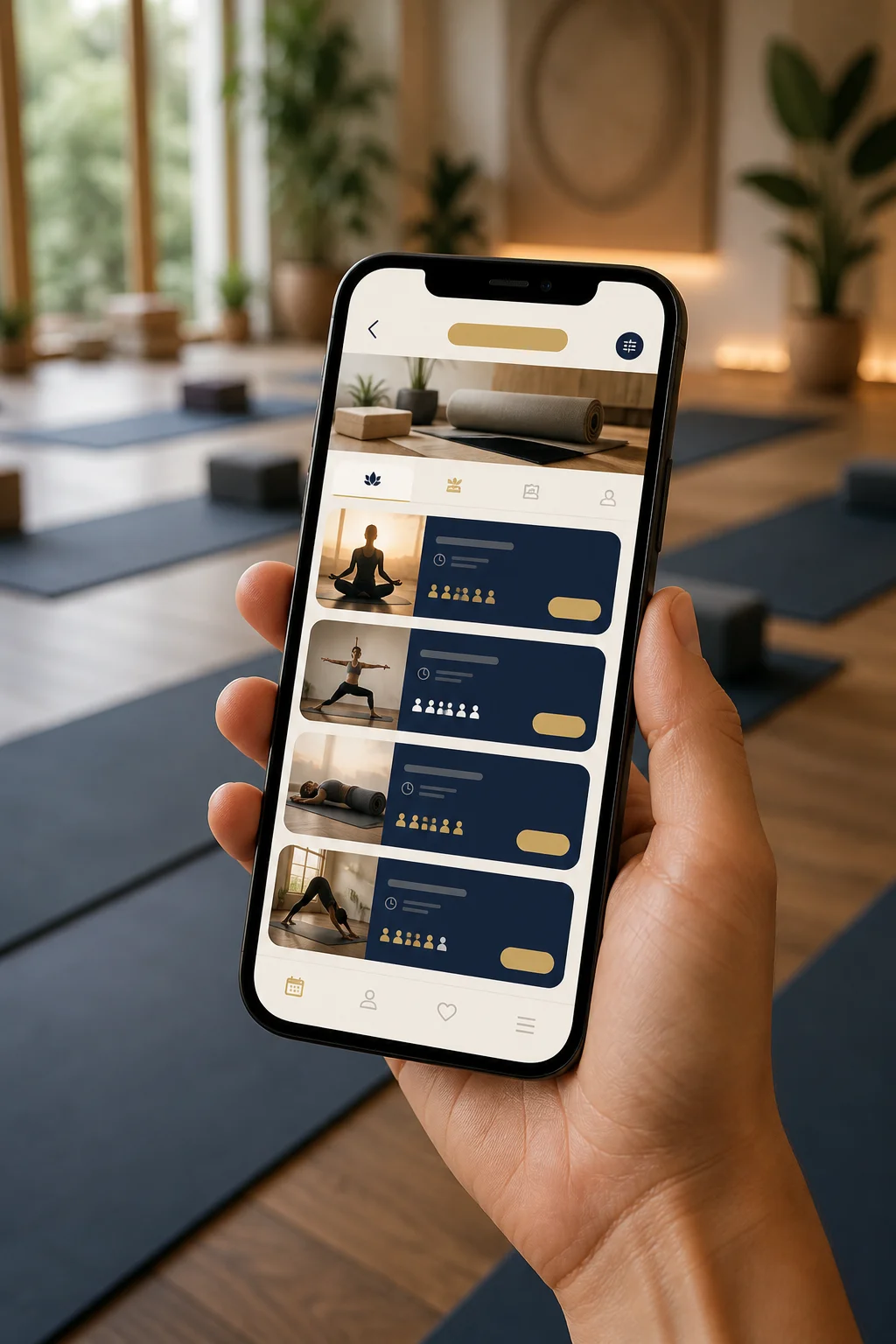 Học viên đặt lịch lớp yoga trên app minh hoạ