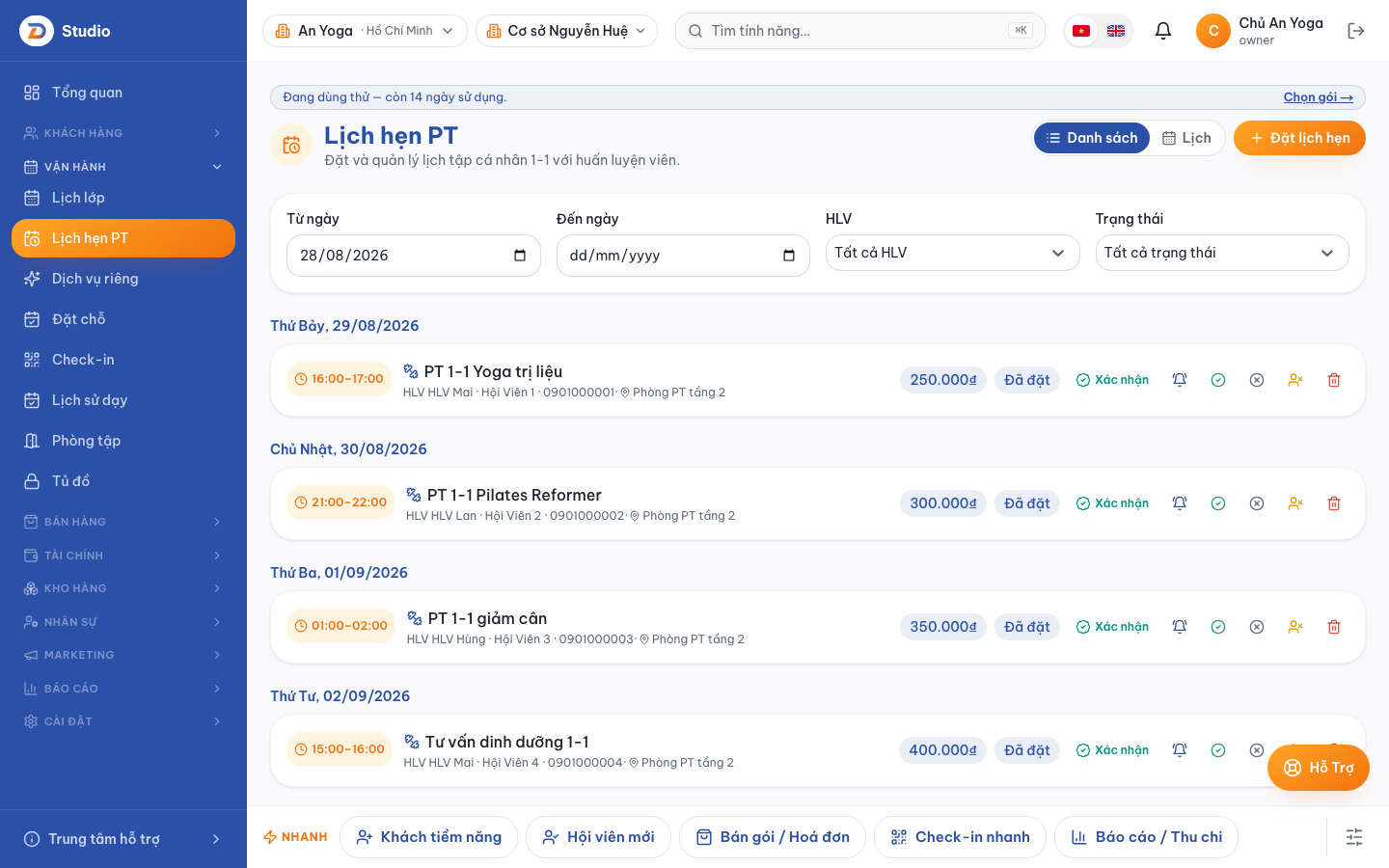 Giao diện lịch hẹn 1 kèm 1 trên DANAVA Studio