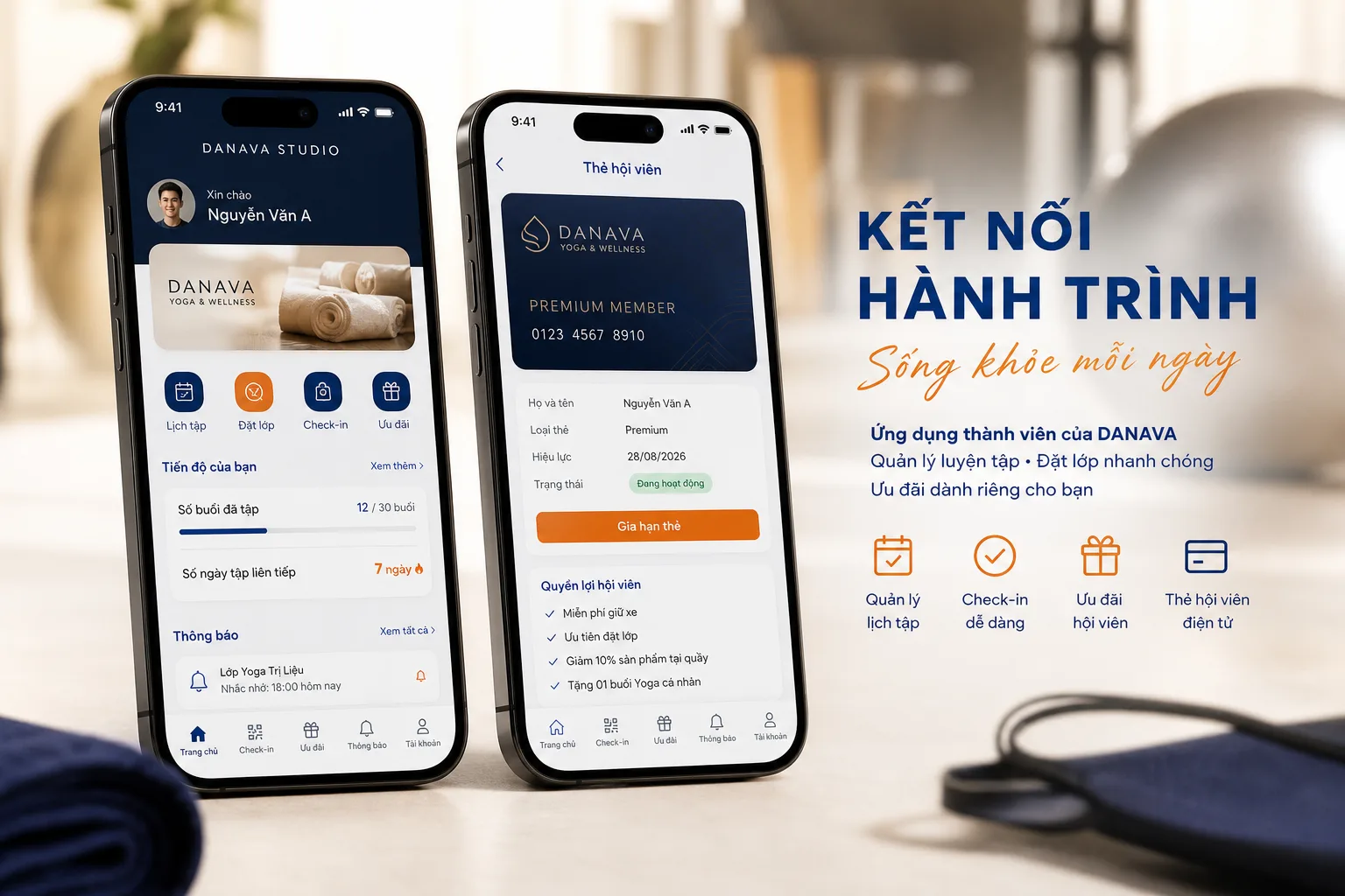 App hội viên — mặt khách nhìn thấy gói, check-in và đặt lịch từ cùng lõi dữ liệu